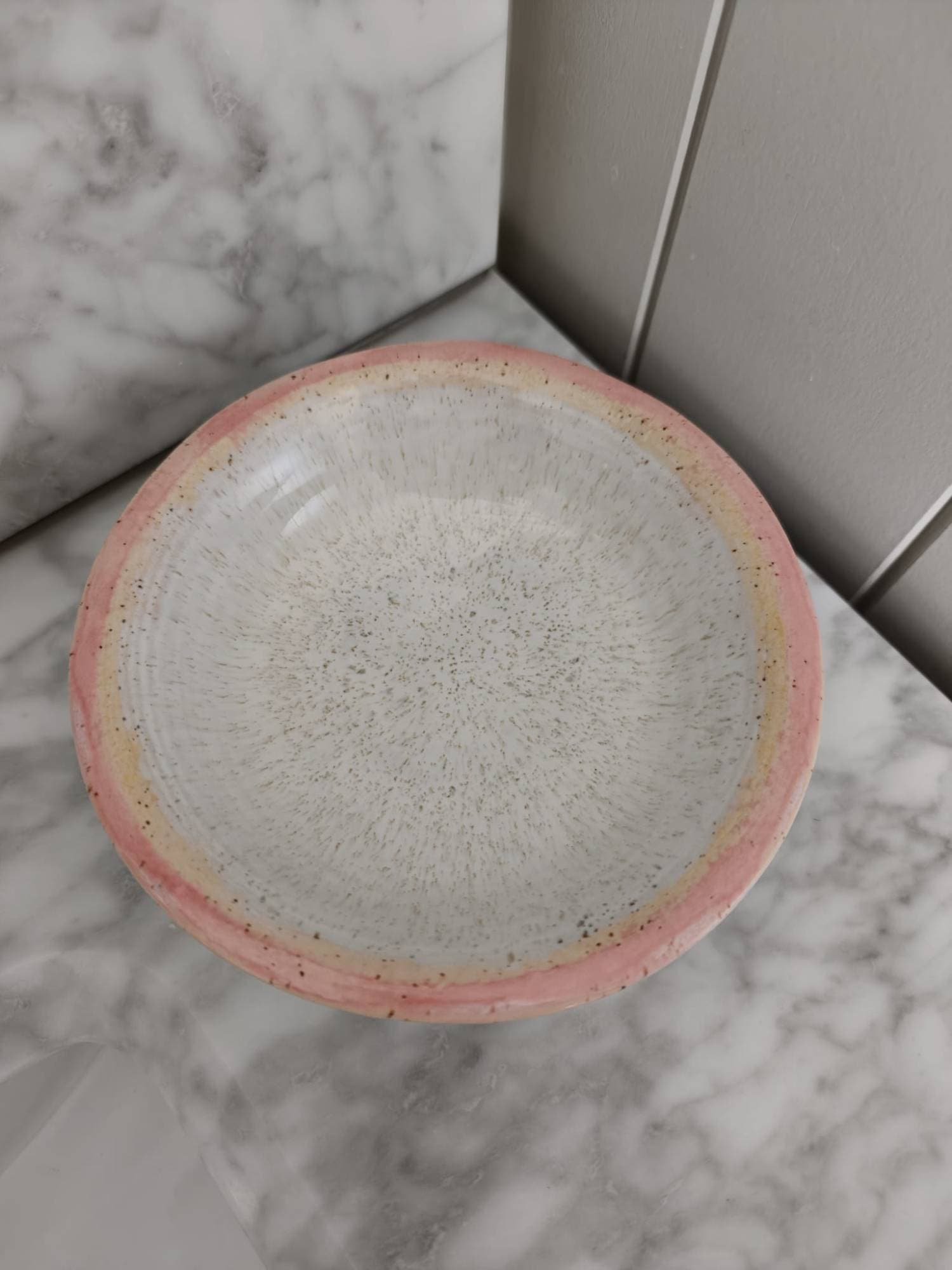Shallow bowl, pink rim, view 2
