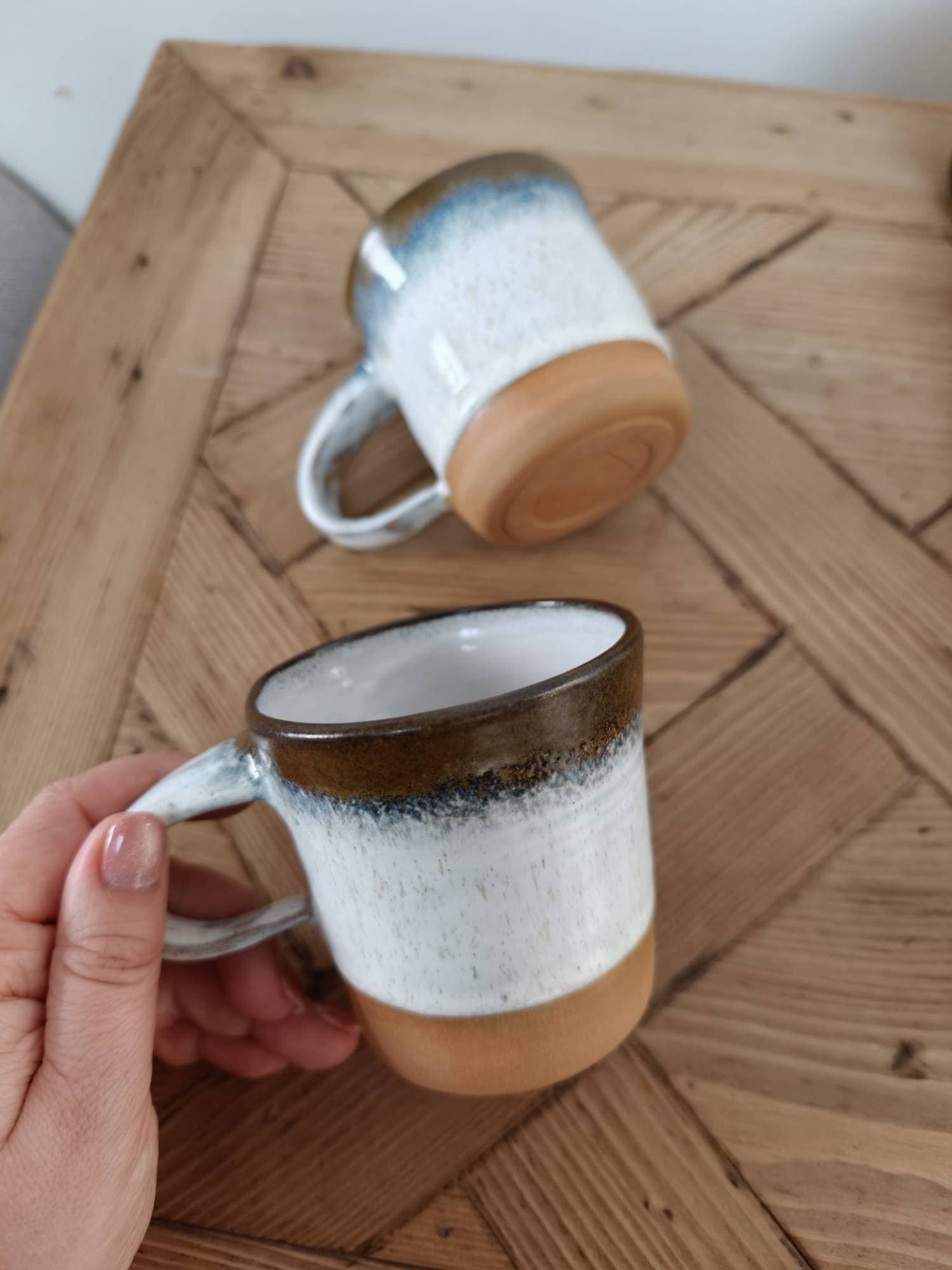 Pair of mugs, blue horizon glaze, view 2